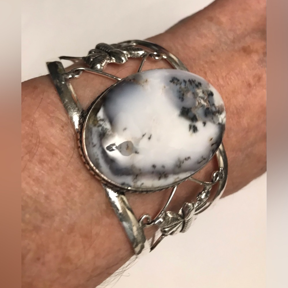 Dendritic Opal Stamped Solid 925 Sterling Silver Cuff Bracelet